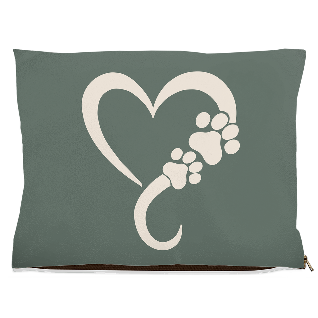Sage green pet pillow with a heart and paw print design on a white background