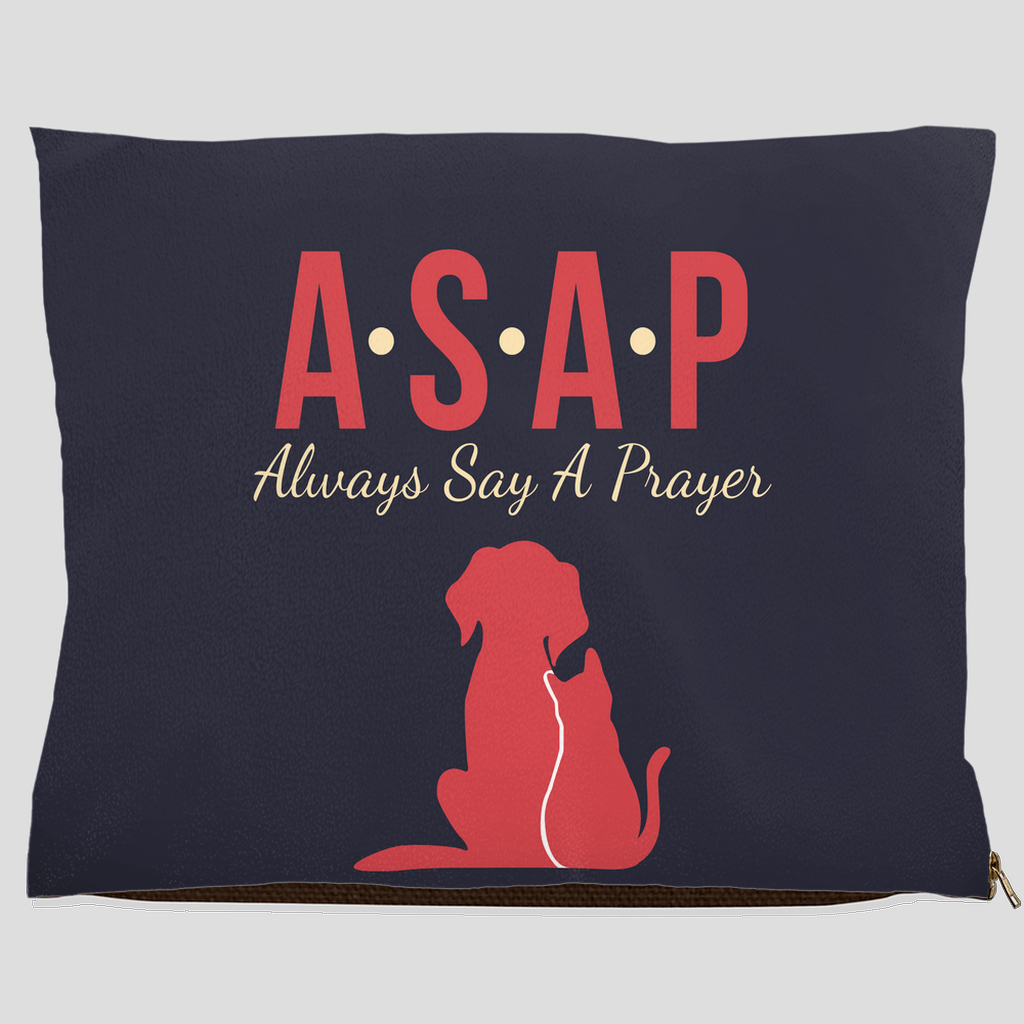 Faith-inspired navy blue dog bed with red dog and cat silhouette and text “ASAP Always Say A Prayer” – Christian indoor/outdoor pet bed