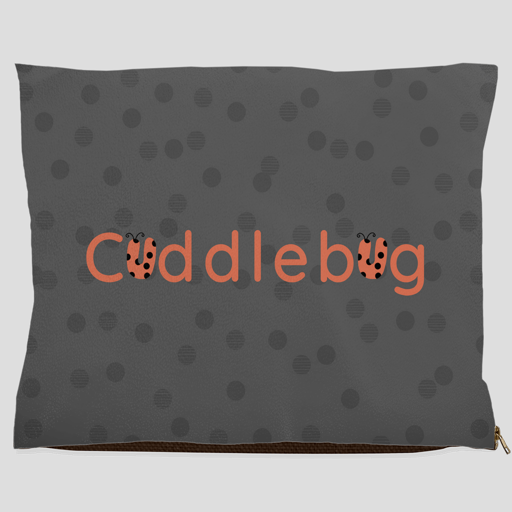 Gray pet bed with polka dots and orange ladybug Cuddlebug design