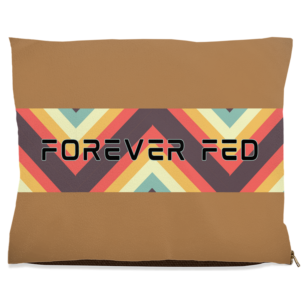 Forever Fed pet bed with tan base and colorful geometric stripe design