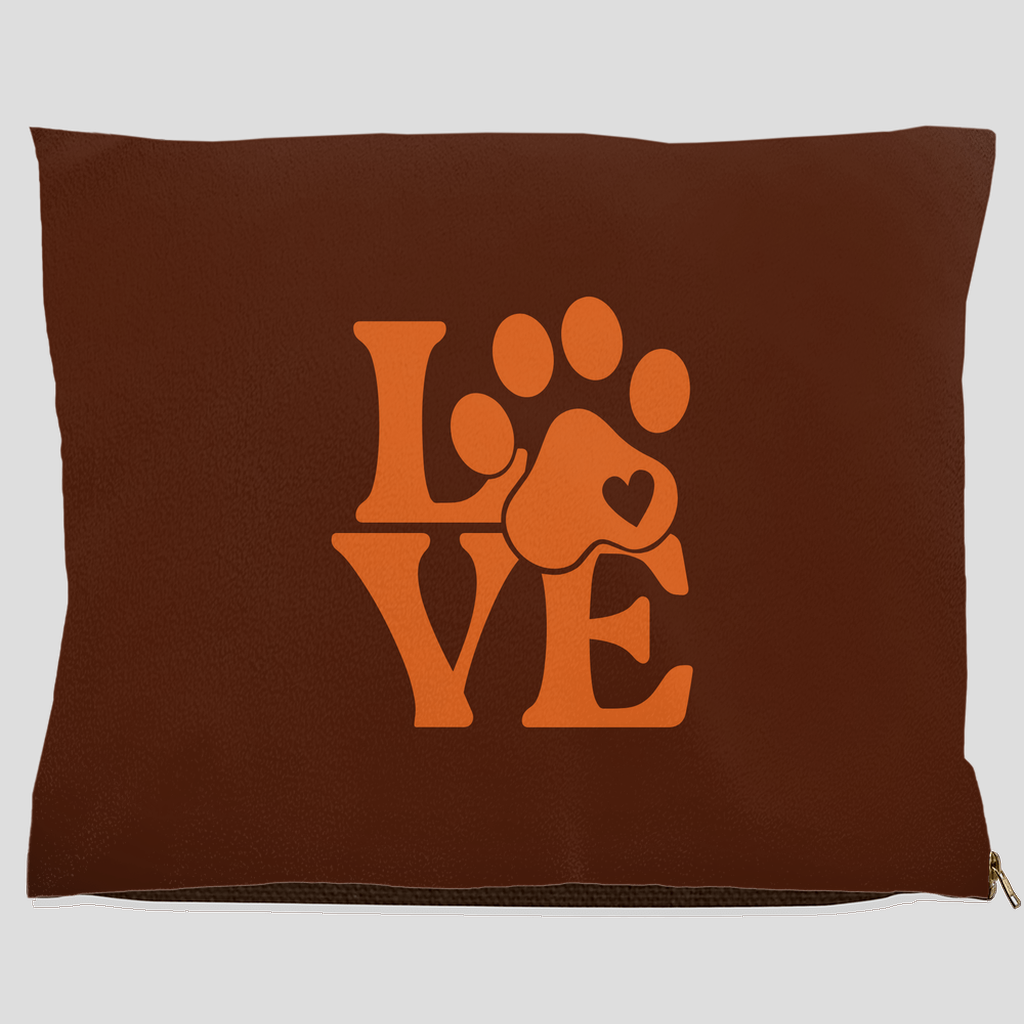 LOVE paw print pet bed in dark brown with orange paw and heart design, cozy dog and cat bed