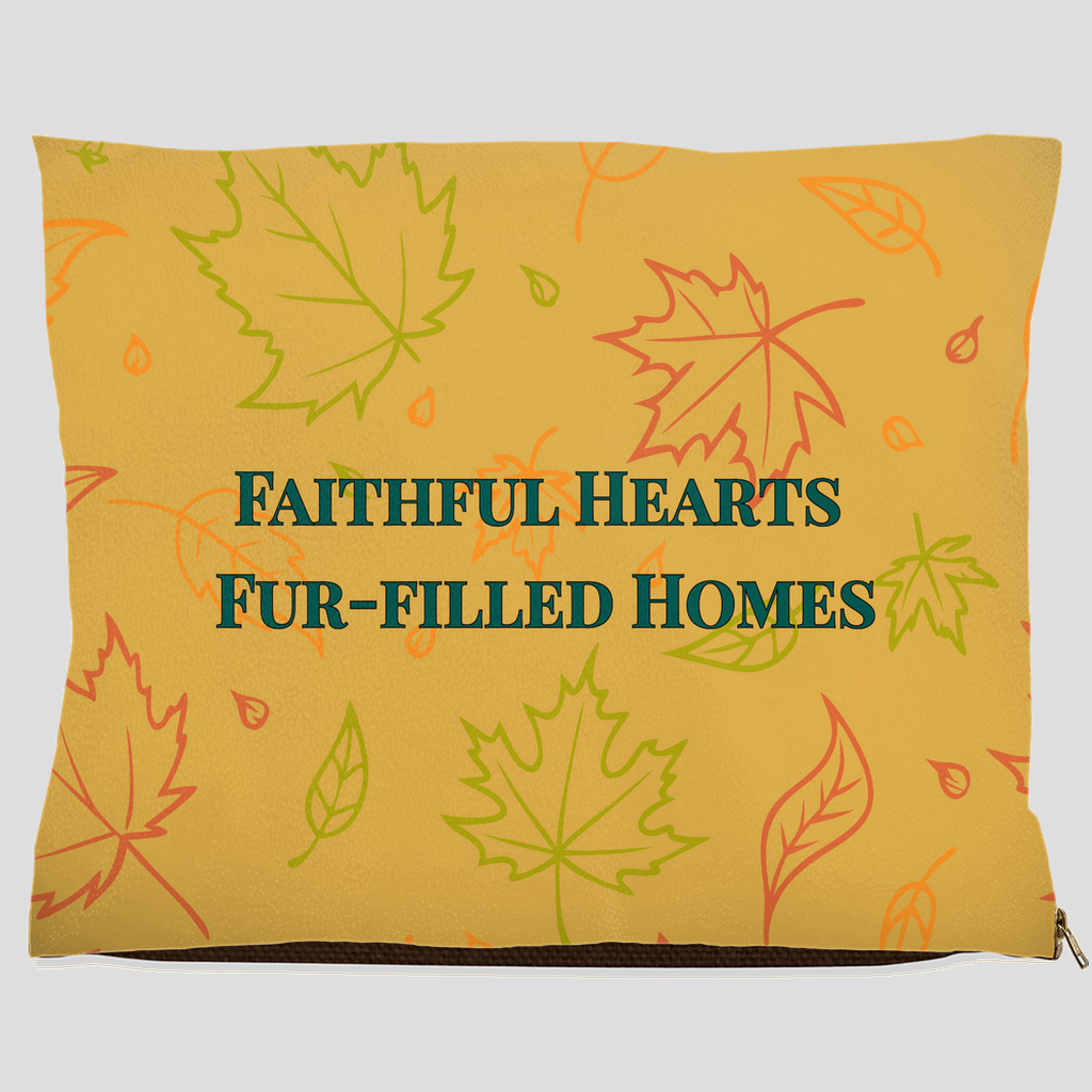 Faithful Hearts Fur-Filled Homes pet bed with fall leaf pattern in yellow, orange, and green – inspirational dog and cat bed.