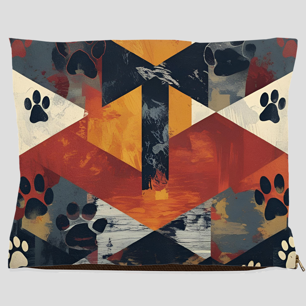 Abstract cross and paw print pet bed with bold geometric design in red, orange, navy, and cream – Christian dog and cat bed