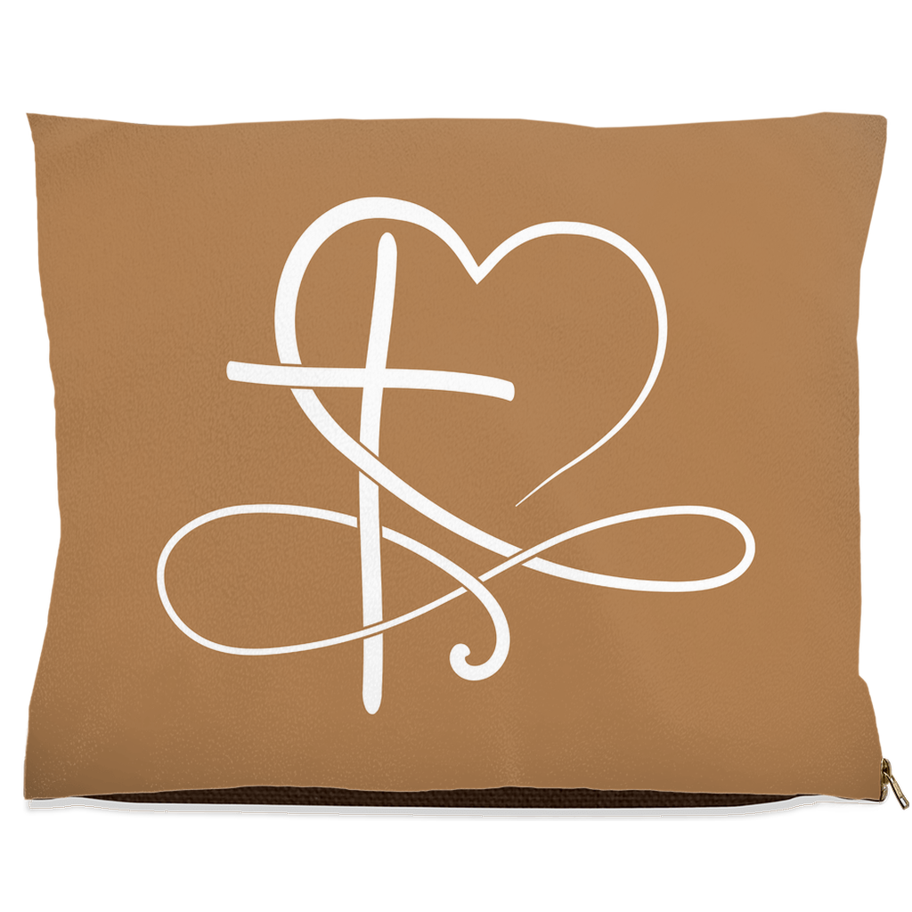 Tan pet pillow with a white heart and infinity symbol design on a white background