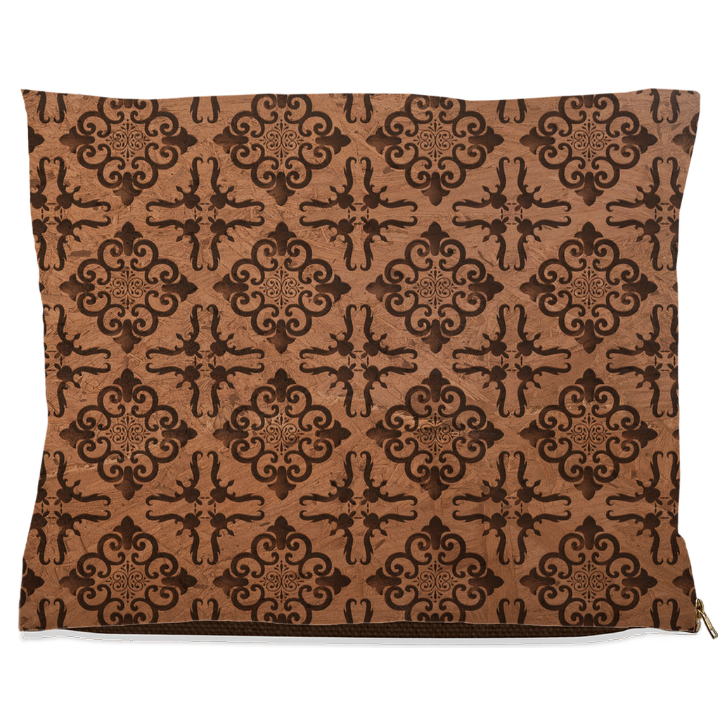 Brown and black damask pet pillow with brown and black pattern on a white background