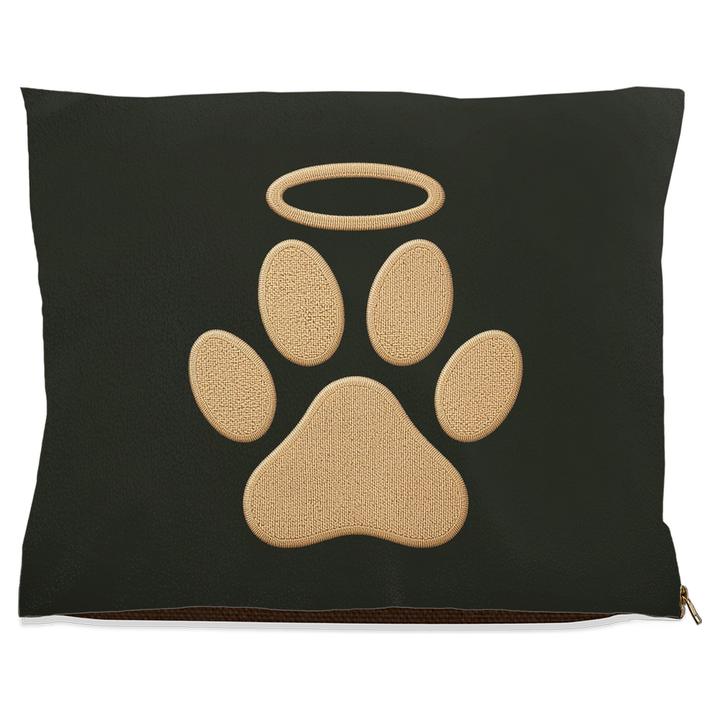 Dark grey pillow with beige paw print and halo design on a white background