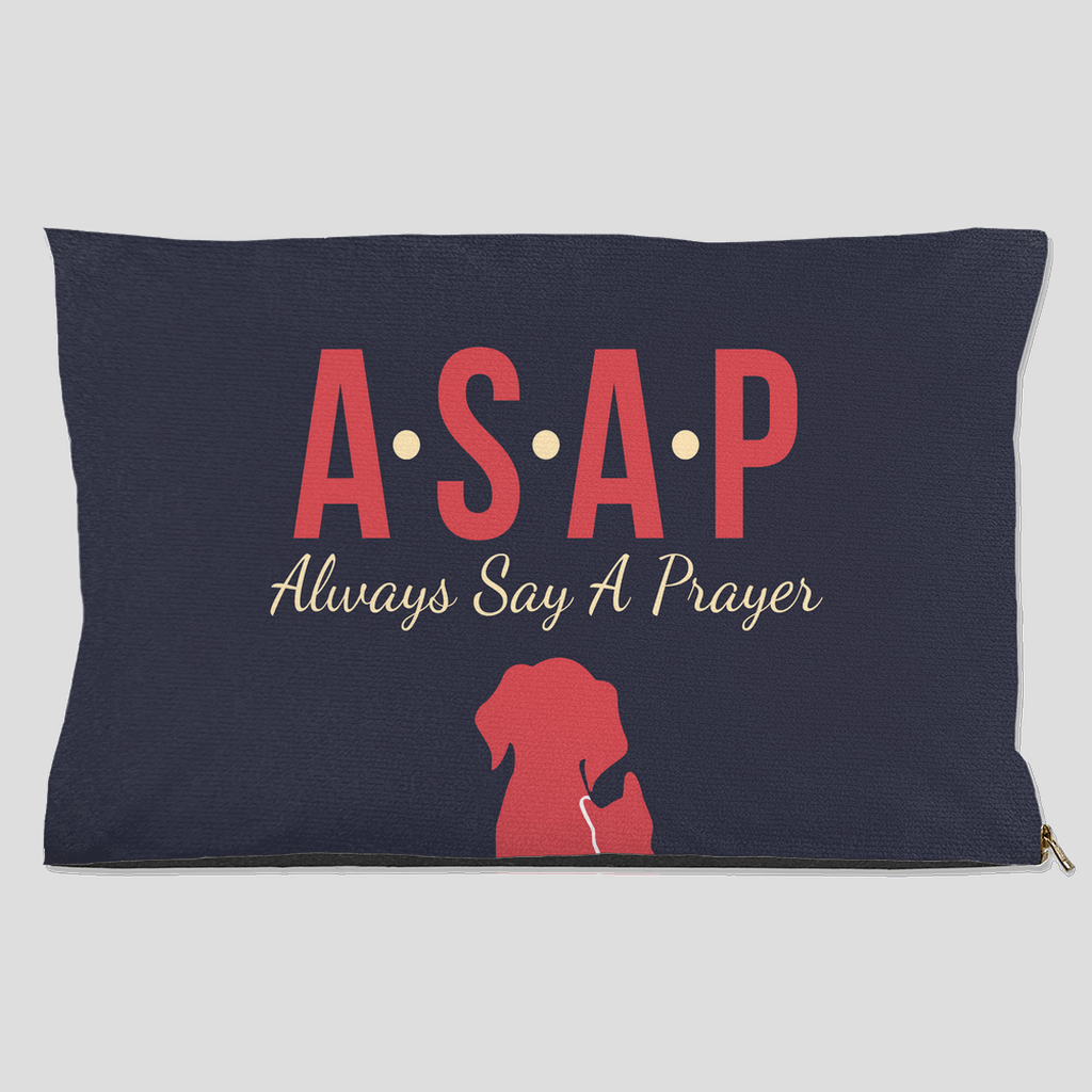 Faith-inspired navy blue dog bed with red dog and cat silhouette and text “ASAP Always Say A Prayer” – Christian indoor/outdoor pet bed
