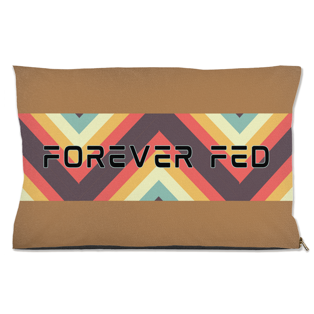 Forever Fed pet bed with tan base and colorful geometric stripe design
