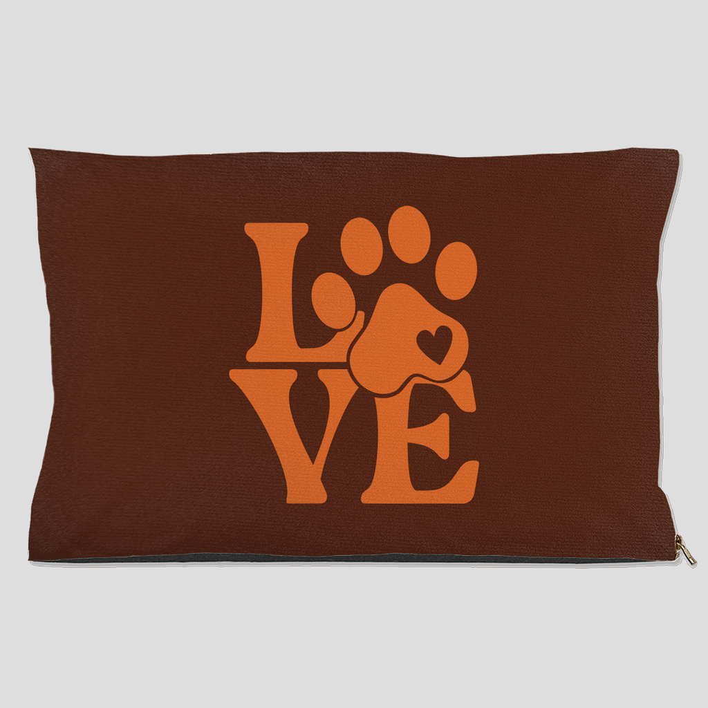 LOVE paw print pet bed in dark brown with orange paw and heart design, cozy dog and cat bed