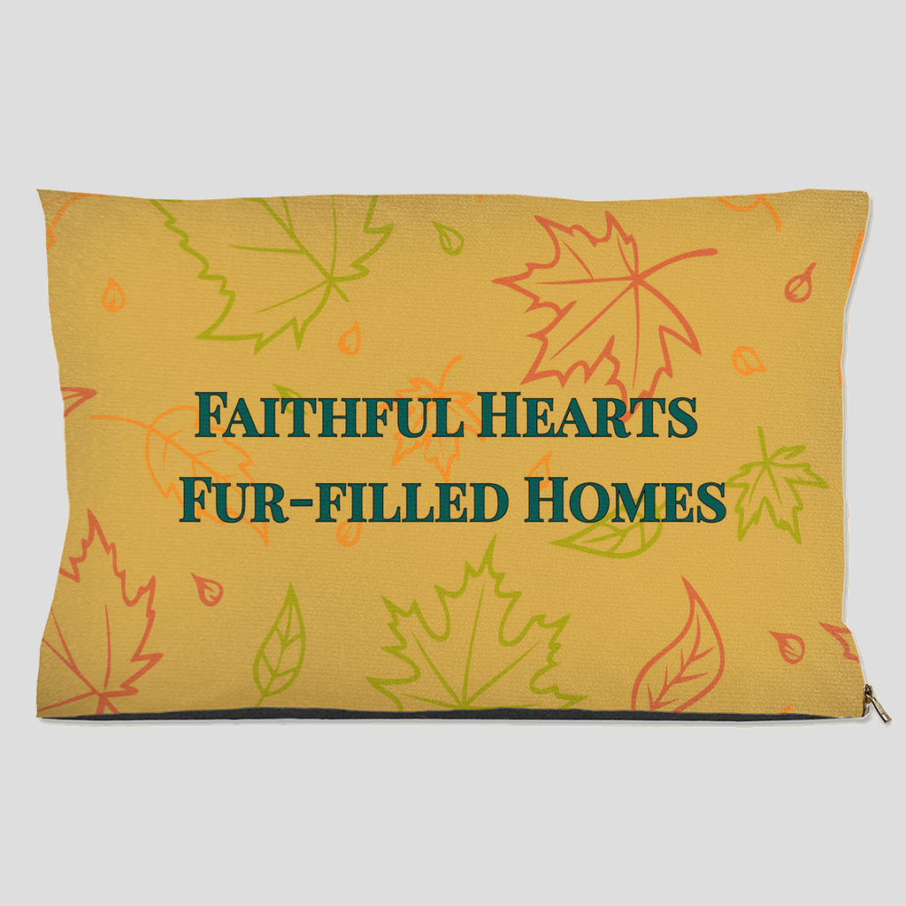 Faithful Hearts Fur-Filled Homes pet bed with fall leaf pattern in yellow, orange, and green – inspirational dog and cat bed