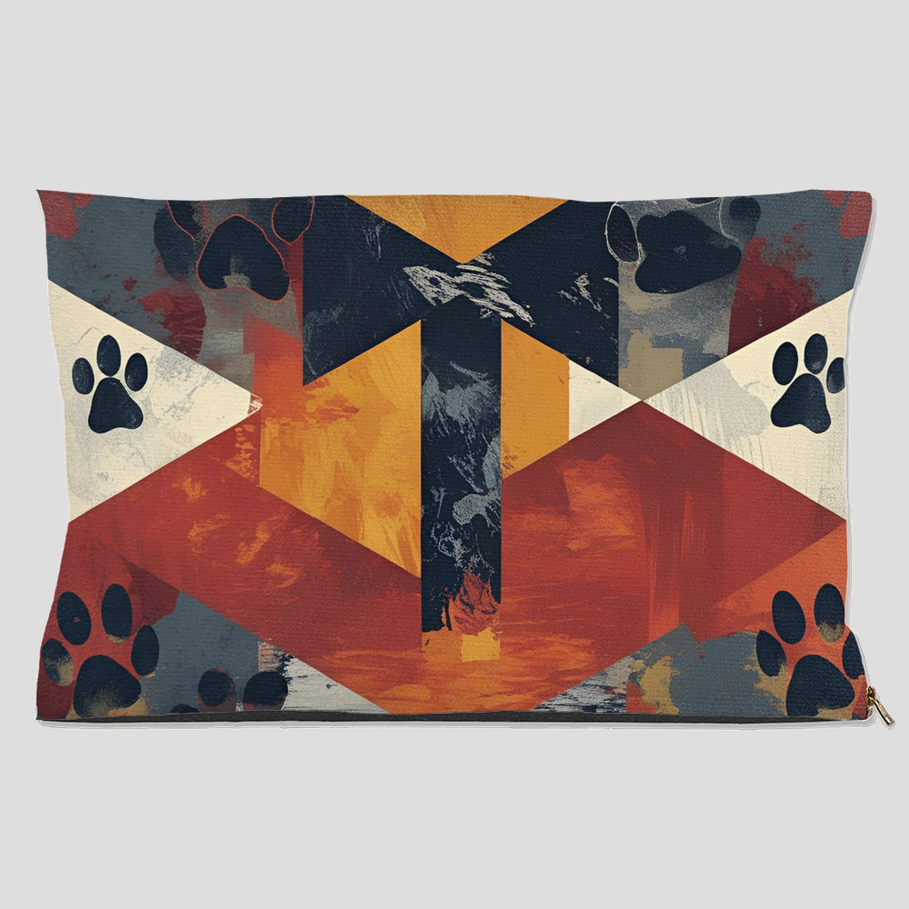 Abstract cross and paw print pet bed with bold geometric design in red, orange, navy, and cream – Christian dog and cat bed