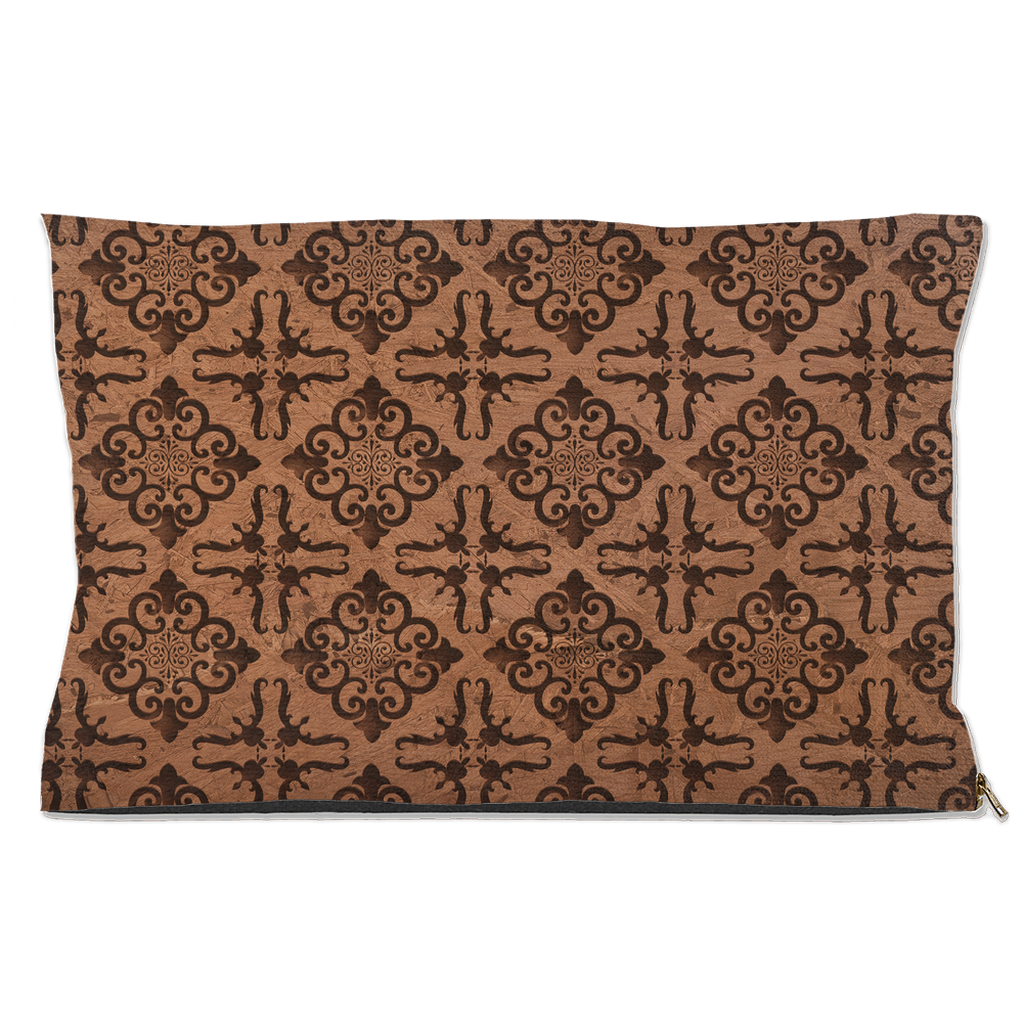 Damask brown and black pet pillow on a white background.