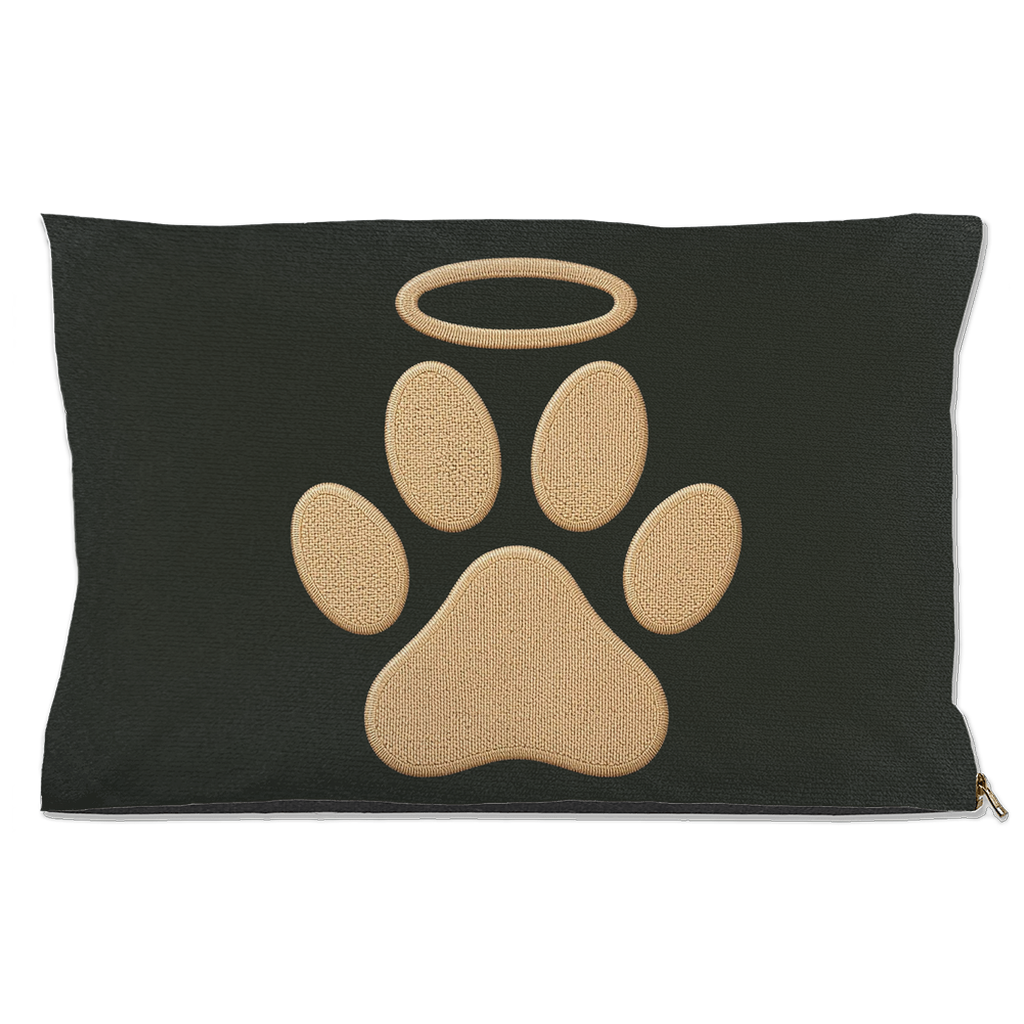 Dark grey pet pillow with a beige paw print design on a white background