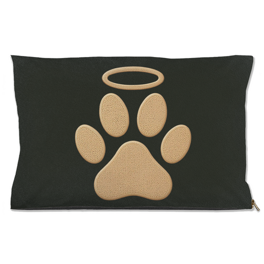 Dark grey pet pillow with a beige paw print design on a white background
