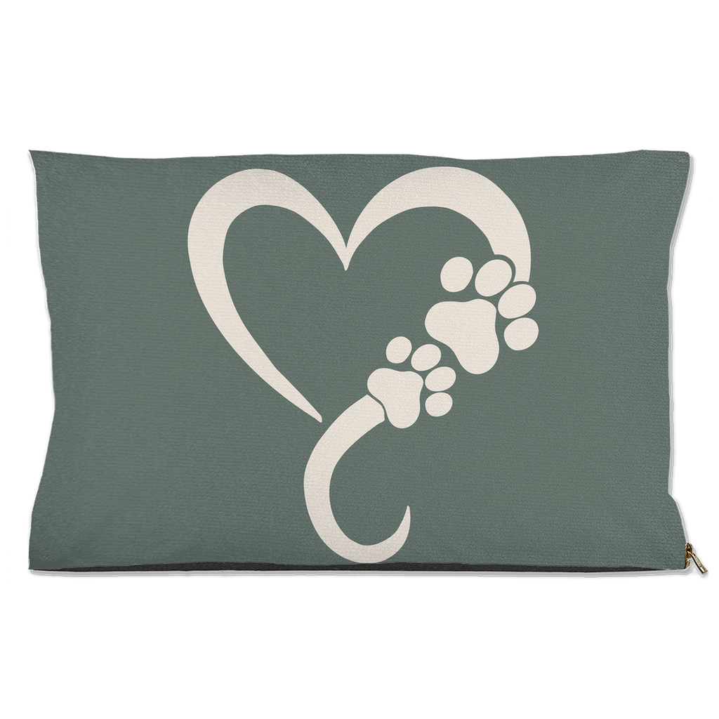 Sage green pet pillow with a heart and paw prints design on a white background