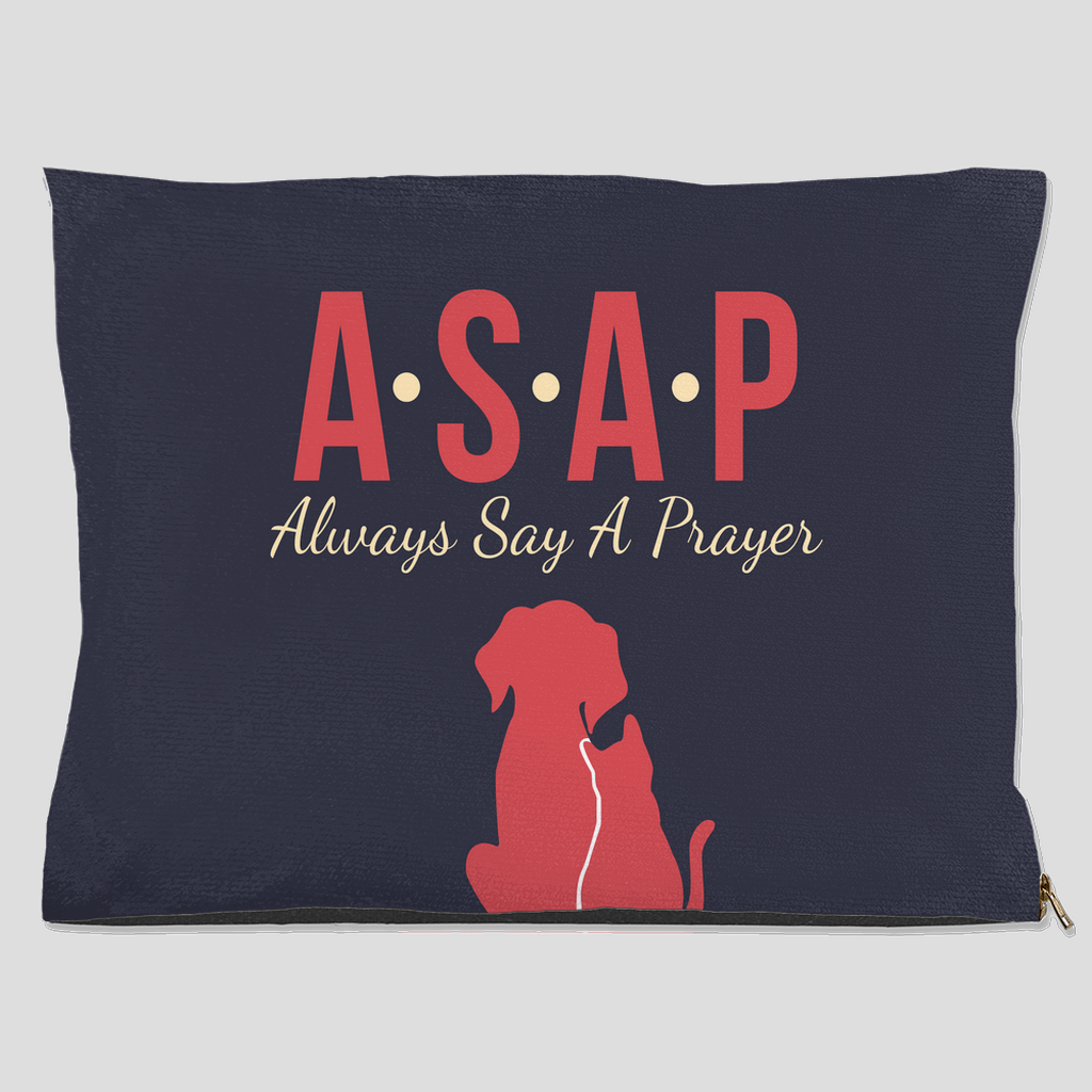 Faith-inspired navy blue dog bed with red dog and cat silhouette and text “ASAP Always Say A Prayer” – Christian indoor/outdoor pet bed