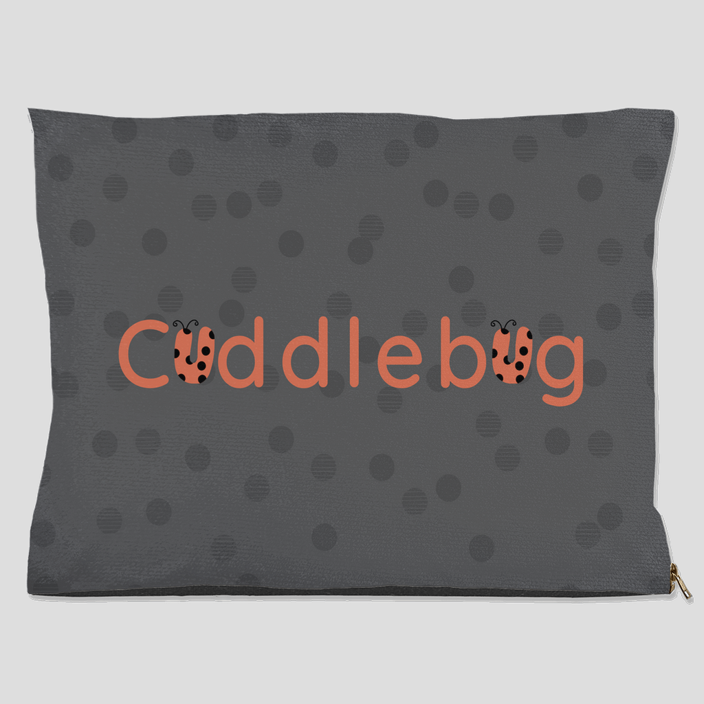 Gray pet bed with polka dots and orange ladybug Cuddlebug design