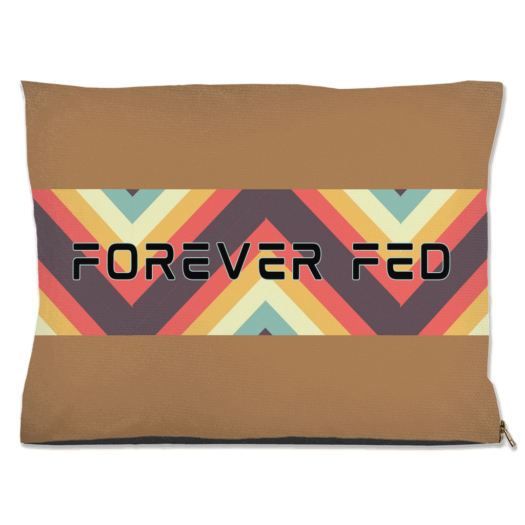 Forever Fed pet bed with tan base and colorful geometric stripe design