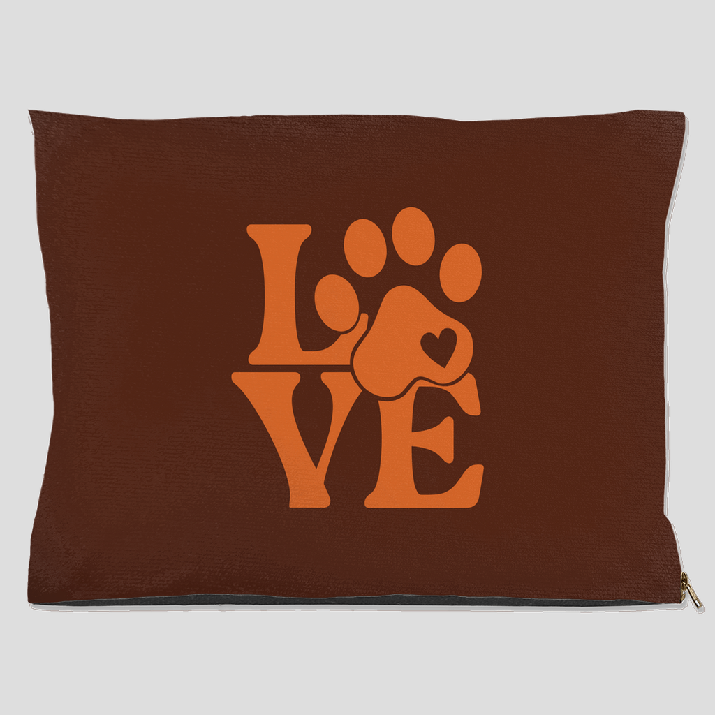 LOVE paw print pet bed in dark brown with orange paw and heart design, cozy dog and cat bed