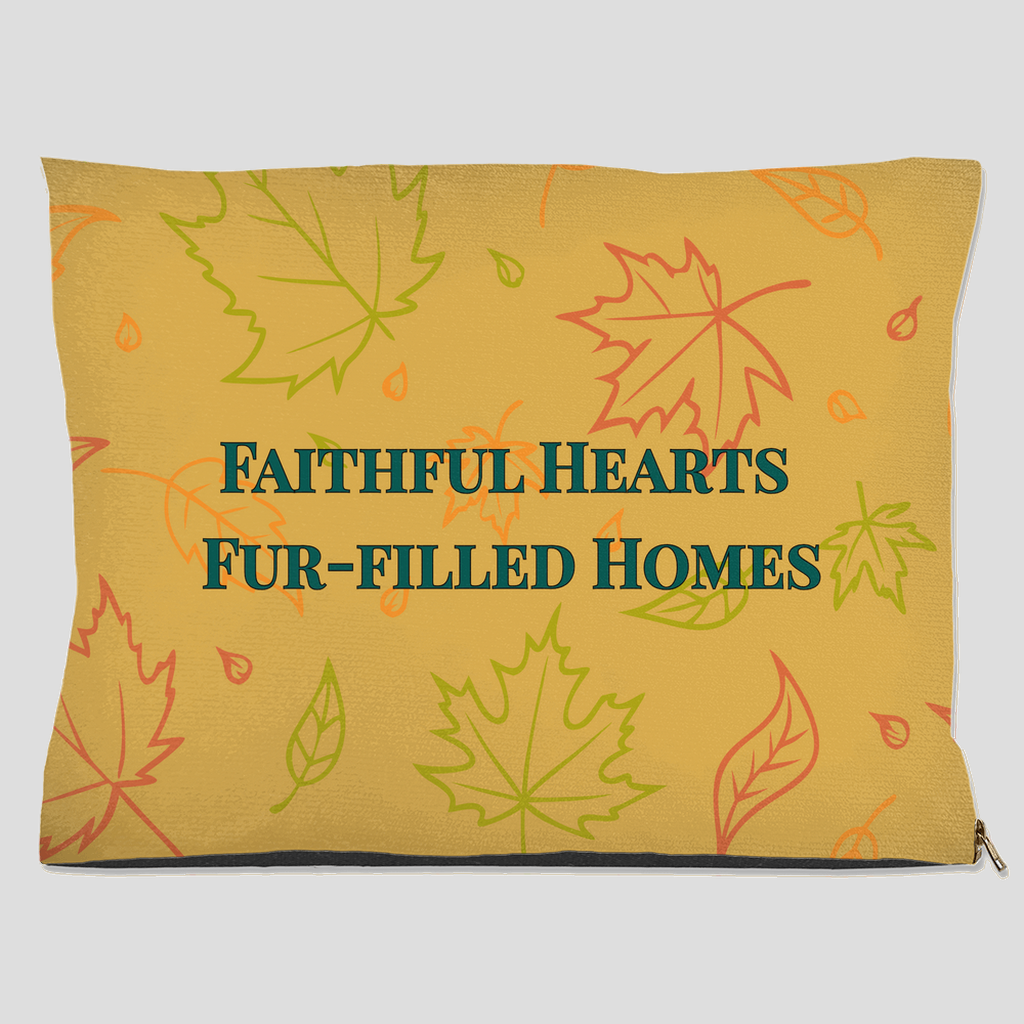 Faithful Hearts Fur-Filled Homes pet bed with fall leaf pattern in yellow, orange, and green – inspirational dog and cat bed