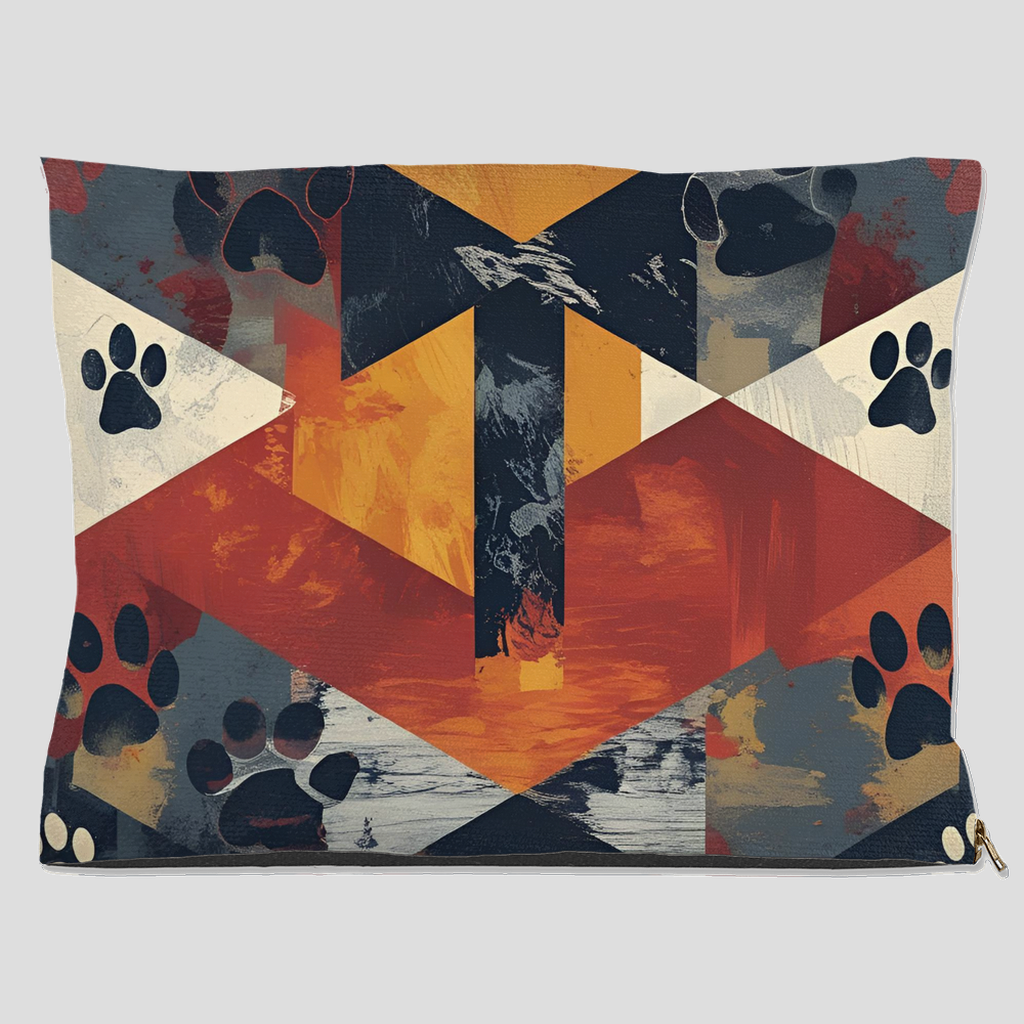 Abstract cross and paw print pet bed with bold geometric design in red, orange, navy, and cream – Christian dog and cat bed
