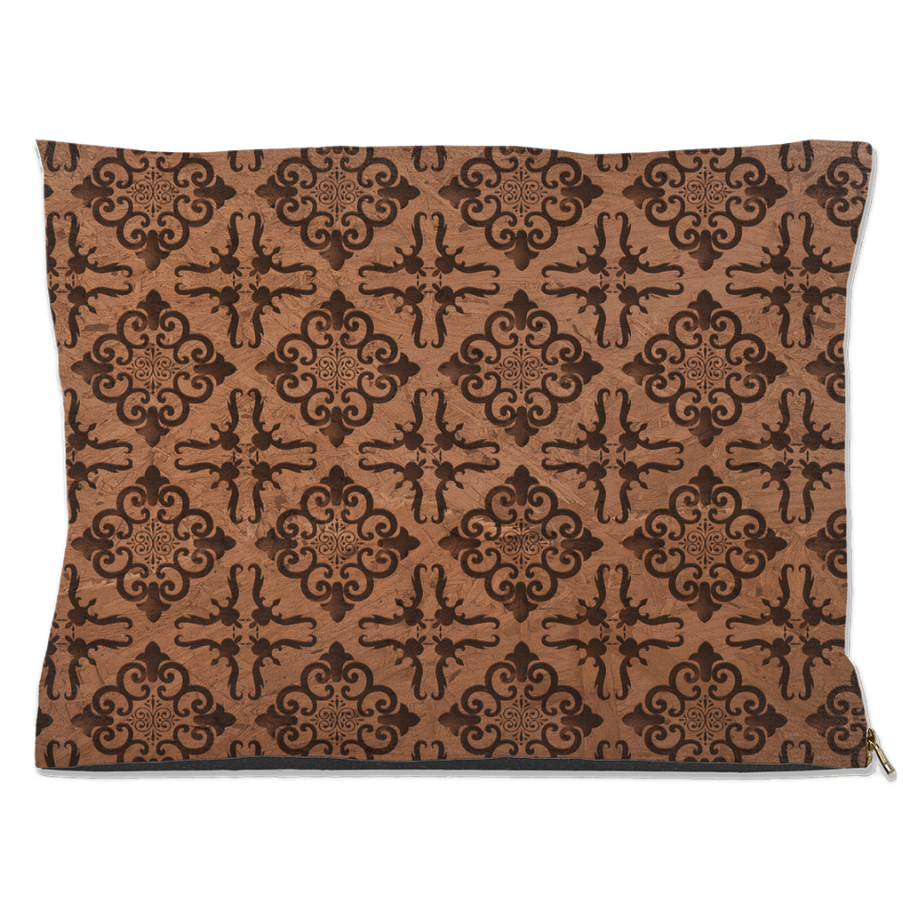 Brown and black damask pet pillow with a zipper on a white background