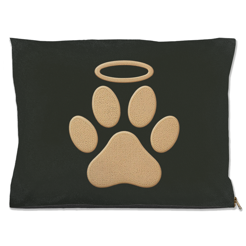 Dark grey pet pillow with beige paw print design on a white background