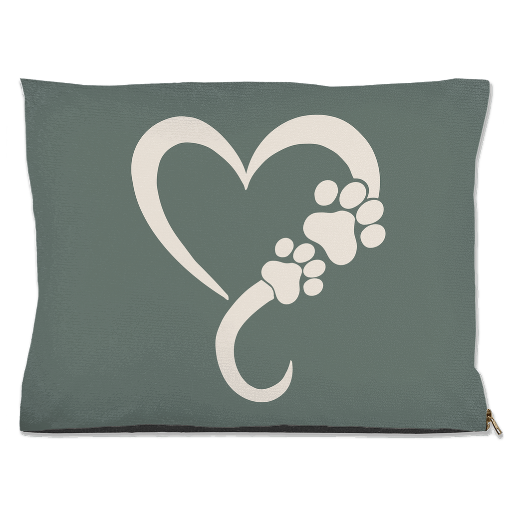 Sage green pet pillow with a heart and paw print design on a white background