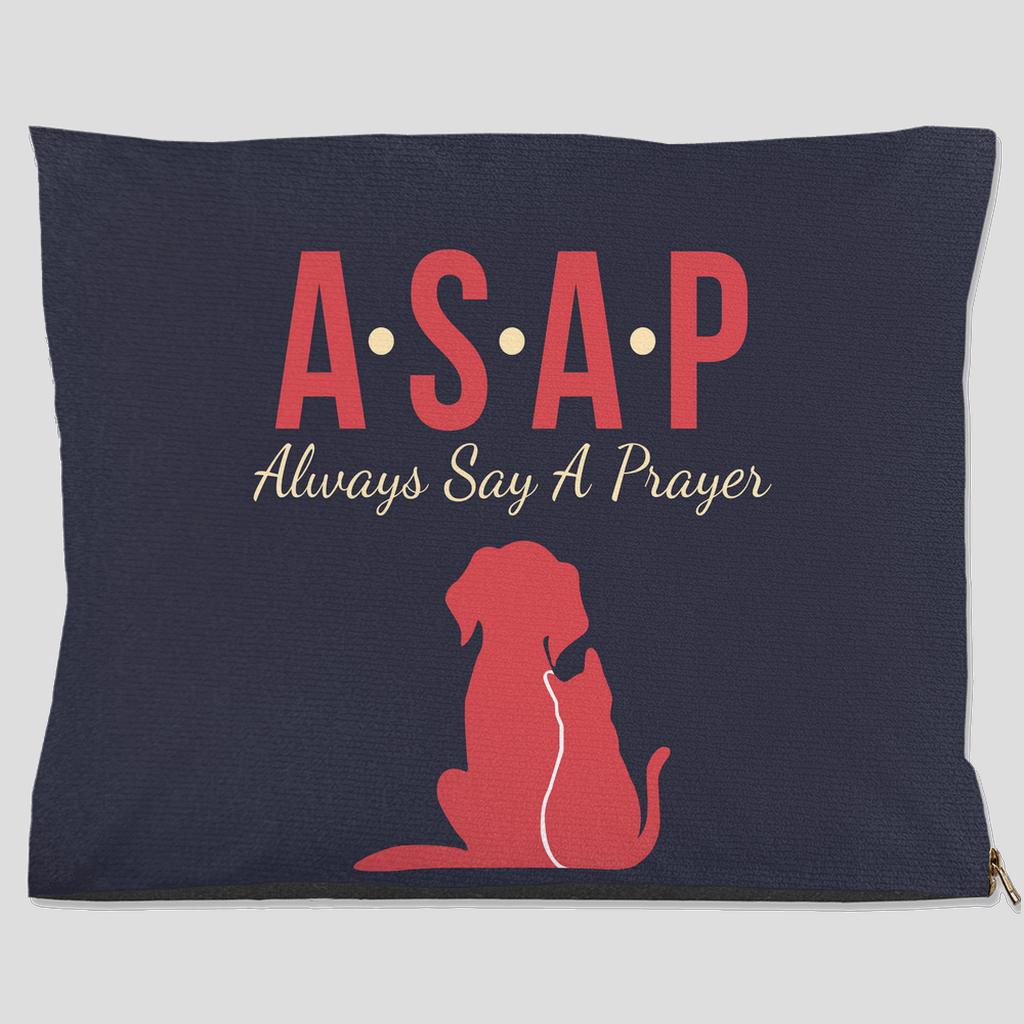 Faith-inspired navy blue dog bed with red dog and cat silhouette and text “ASAP Always Say A Prayer” – Christian indoor/outdoor pet bed