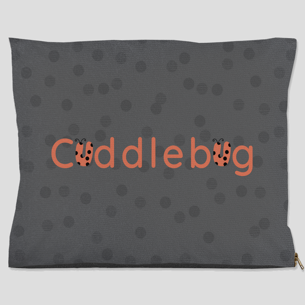 Gray pet bed with polka dots and orange ladybug Cuddlebug design