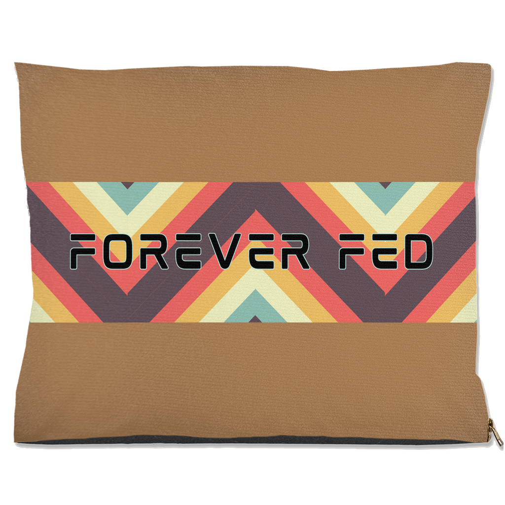 Forever Fed pet bed with tan base and colorful geometric stripe design