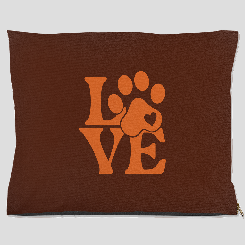 LOVE paw print pet bed in dark brown with orange paw and heart design, cozy dog and cat bed