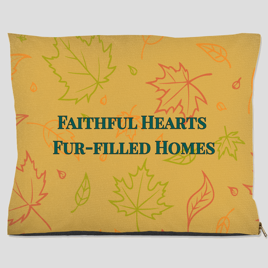 Faithful Hearts Fur-Filled Homes pet bed with fall leaf pattern in yellow, orange, and green – inspirational dog and cat bed