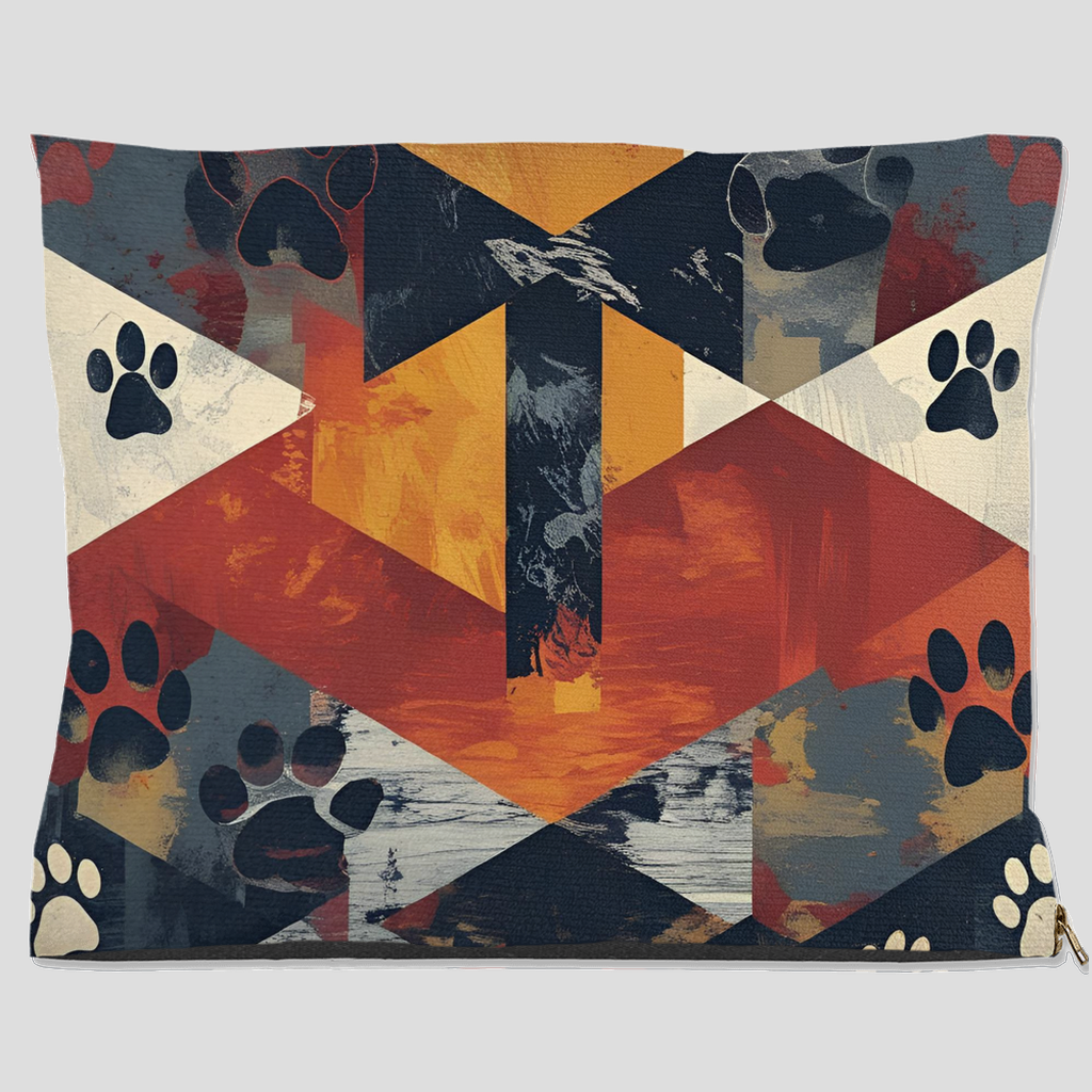 Abstract cross and paw print pet bed with bold geometric design in red, orange, navy, and cream – Christian dog and cat bed