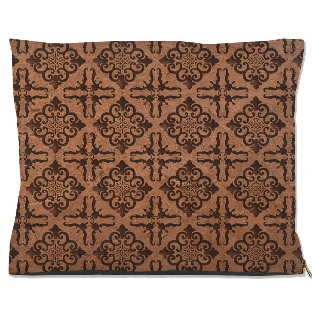 Black and brown damask pet pillow with a zipper on a white background
