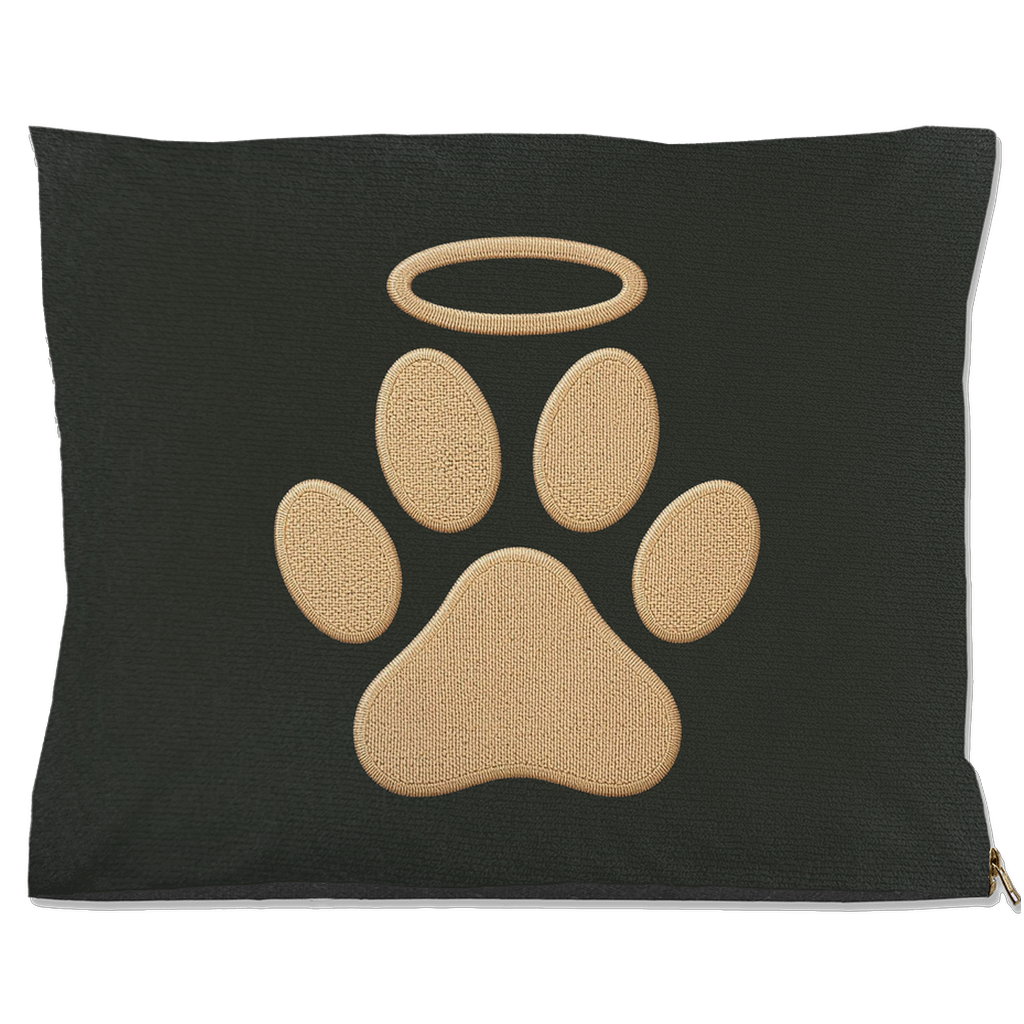 Dark grey  pillow with beige paw print design on a white background