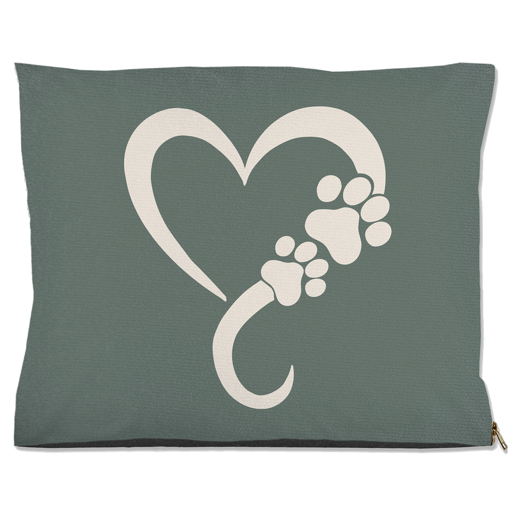 Sage green pet pillow with a white heart and paw prints design on a white background