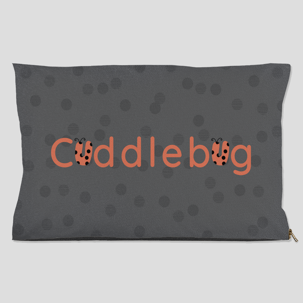 Gray pet bed with polka dots and orange ladybug Cuddlebug design