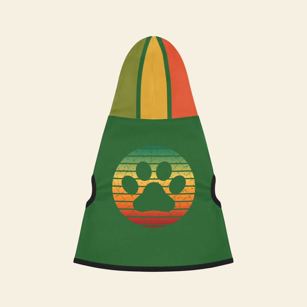 Back view of green dog hoodie with a rainbow-colored striped paw print graphic and multi-color hood.