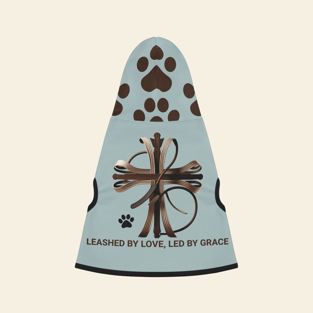 Front view of gray blue hoodie with a graphic of a cross made out of pet leashes. There are dark brown paw print design on the hoodie.