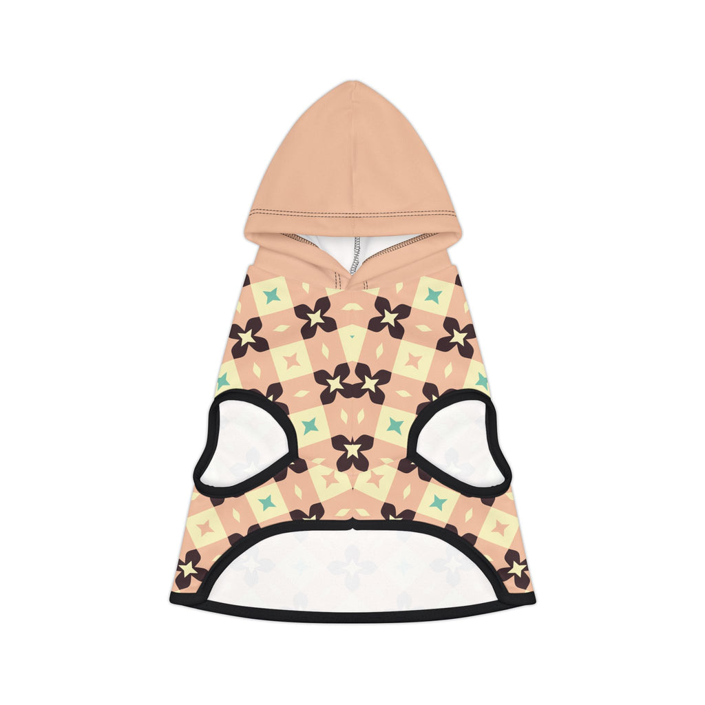 Back view of light peach geometric patterned hoodie with a dark brown cat silhouette and a solid light peach hood.