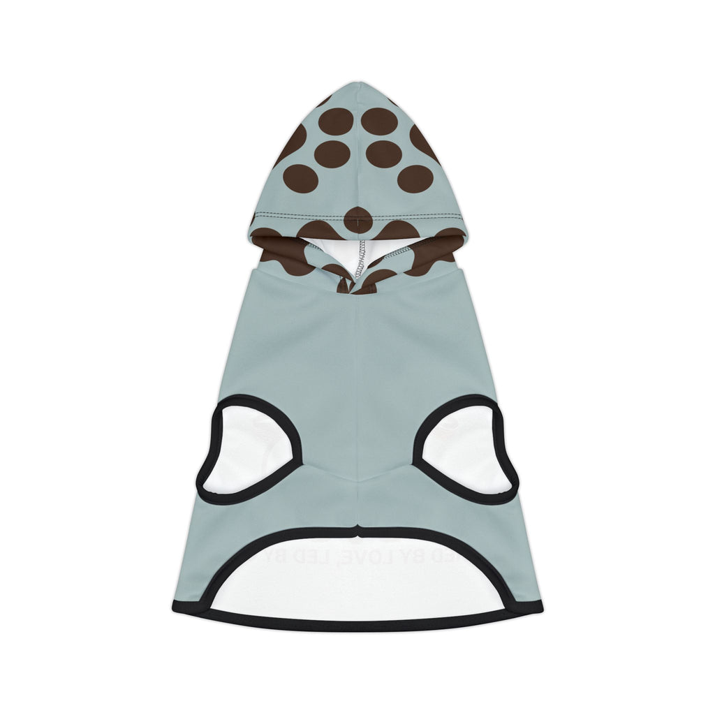 Back view of gray blue hoodie with a graphic of a cross made out of pet leashes. There are dark brown paw print design on the hoodie.