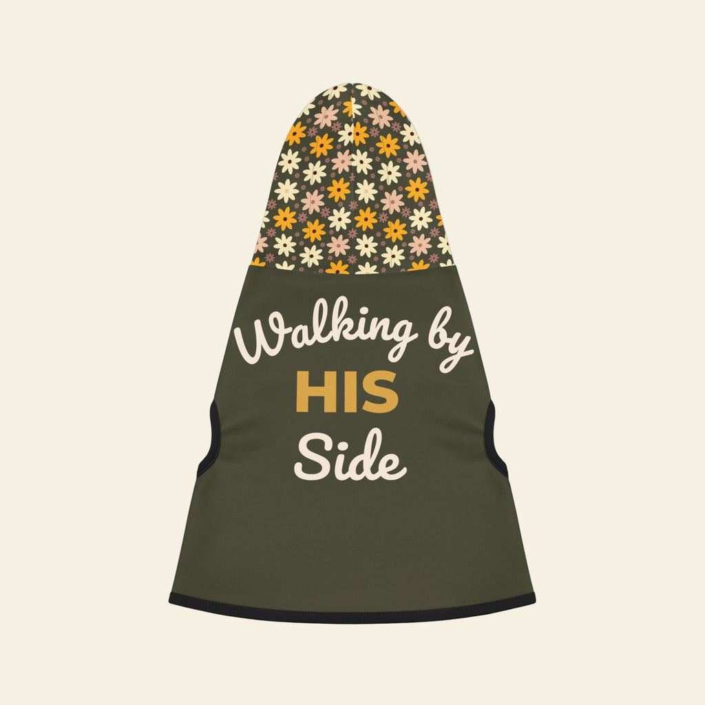 Front view flat lay of an olive green hoodie with the phrase, "Walking by HIS Side". There is a floral print on the hoodie.
