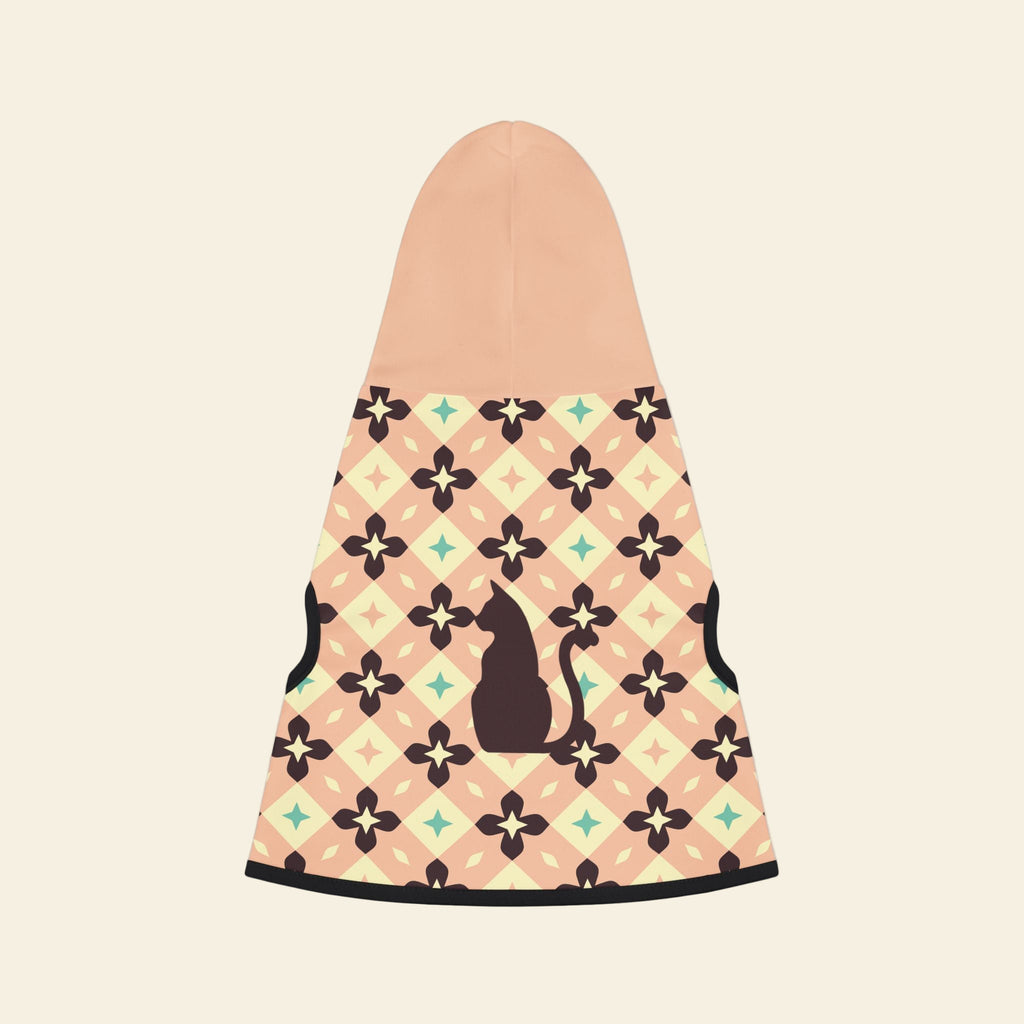 Front view of light peach geometric patterned hoodie with a dark brown cat silhouette and a solid light peach hood.
