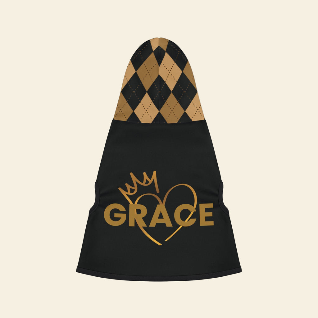 Black pet hoodie with gold GRACE crown and heart graphic and tan-and-black argyle plaid hood, laid flat.
