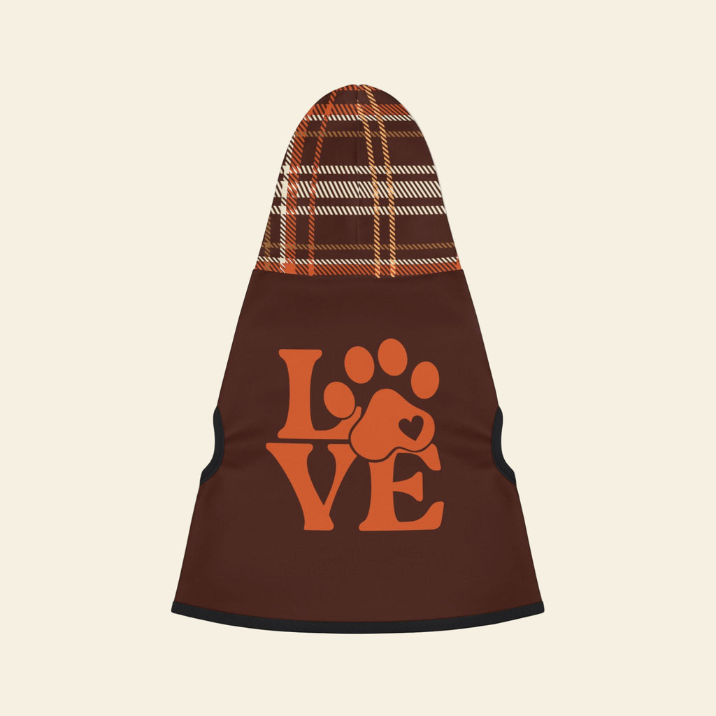 Brown pet hoodie with orange “LOVE” paw print graphic and plaid hood design laid flat on white background.