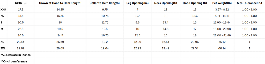 Pet Hoodie Size Chart