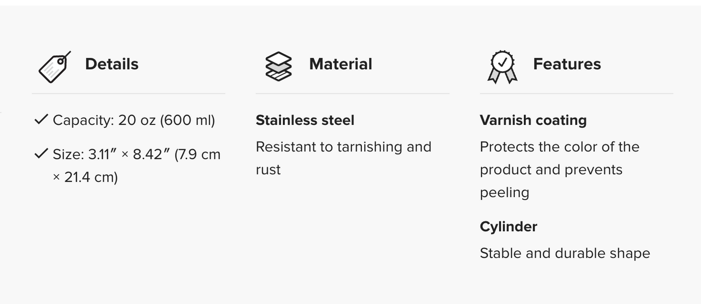 Product details including capacity, material, features, size, and shape on a white background.