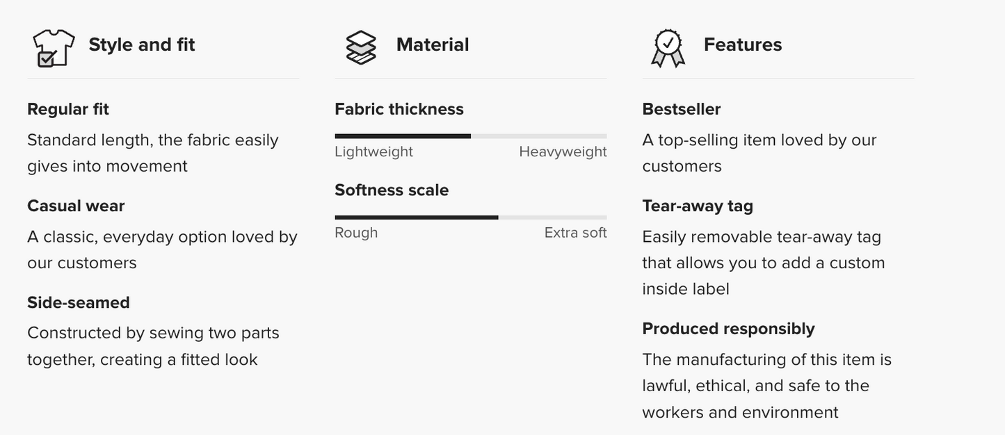 Product feature card with options for style, fit, material, fabric thickness, softness scale, features, bestseller status, tear-away tag, and responsible production.