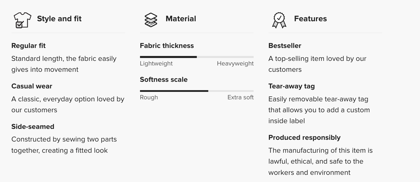 Product feature card with options for style, fit, material, fabric thickness, softness scale, features, bestseller status, tear-away tag, and responsible production.
